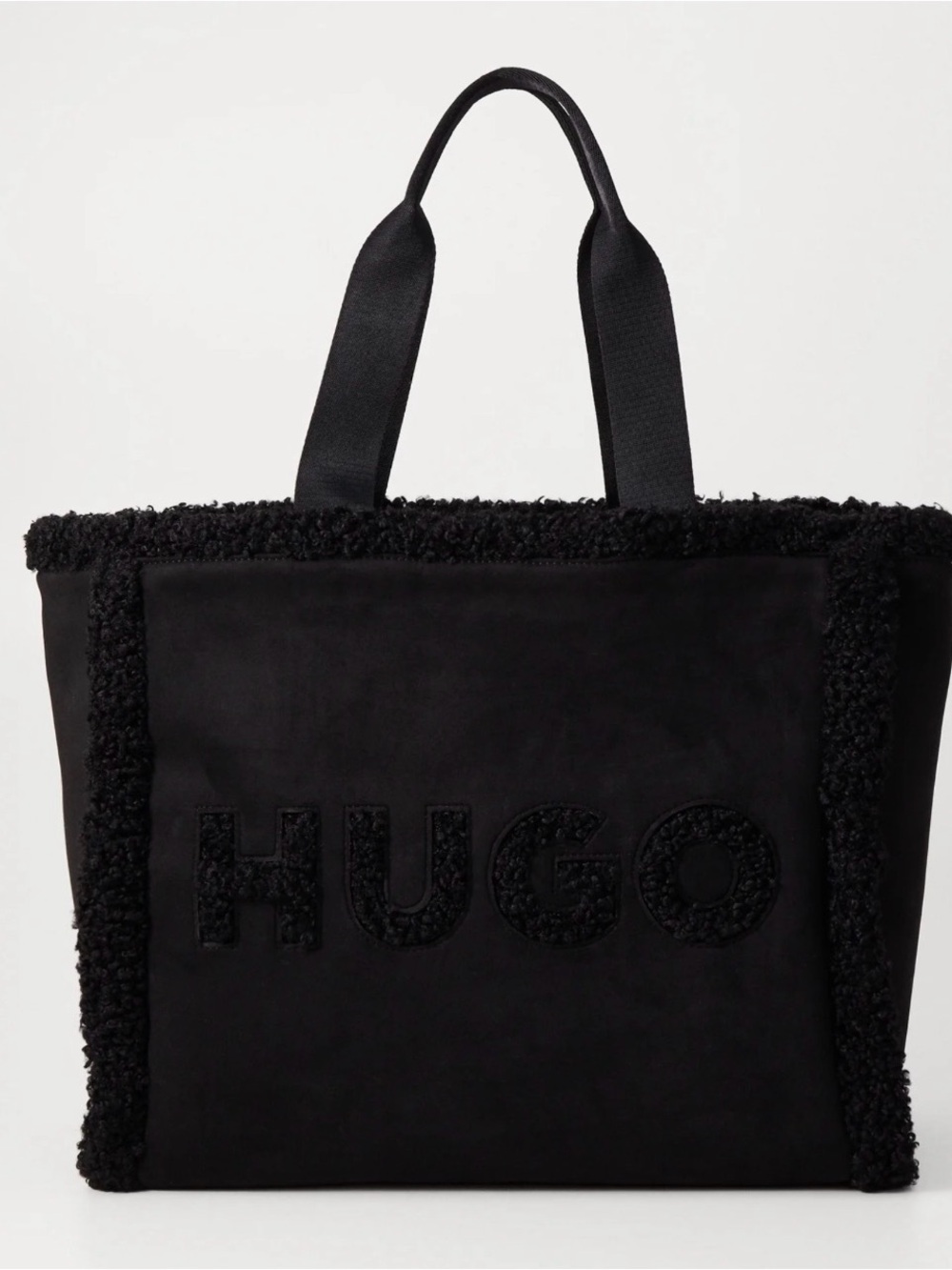 HUGO Black Shearling-Trim Logo Tote